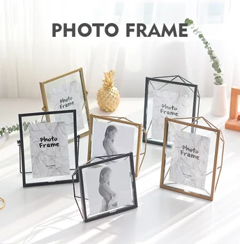 

4/6/7 Inch Glass Photo Floating Frame Collection Metal Geometric Picture Frames Vintage Art Desk Antique Gold Photo Display