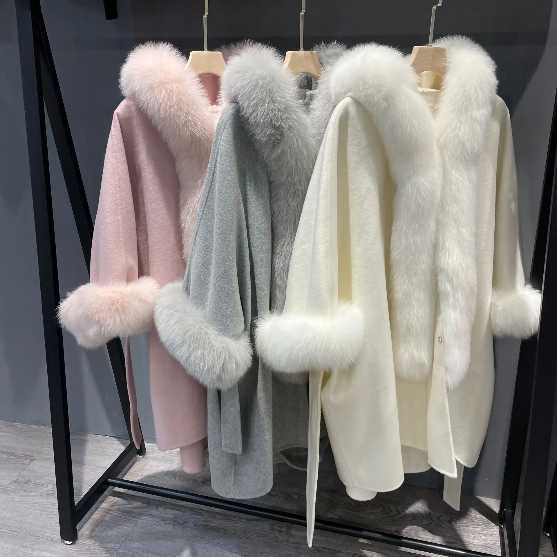 

New 2023 Winter Real Fox Fur Hooded Coat For Women 2022 Korean Lady Oversized Wool Blend Cape Outerwear With Genuine Fur Collar