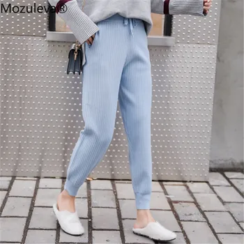 

Mozuleva 2019 Mid Waist Knitted Harem Pants Women Trousers Drawstring Skinny Pants Pockets Knitted Striped Pants Pantalon Femme