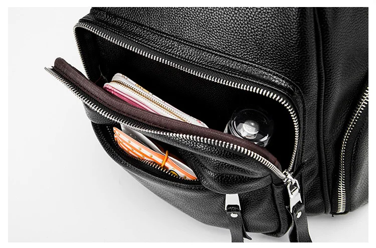 Double zipper Women Backpack Retro Black Ladies Large Soft Real Leather Backpacks Purse 15 inch Casual Girls School knapsack Bag (16)