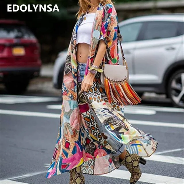 2021 Boho Print Half Sleeve Dress Summer Beach Wear Long Kimono Plus Size Women Clothes Sexy V-neck  Lady Loose Dresses N796 1