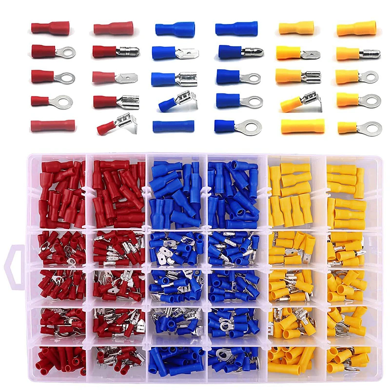 1200 Piece Non-Insulated Crimp Electrical Wire Terminals Assortment Kit Ring Fork Spade Butt Splice Connectors /& Male Female Quick Disconnect