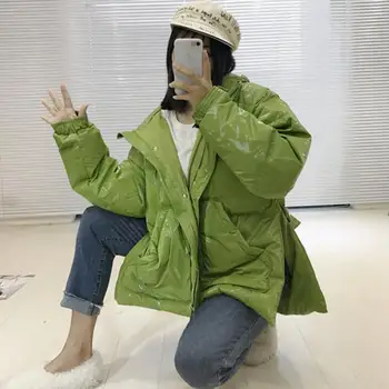 

New arrival winter patent shiny fabric duck down coat female fashion warm jackets with thick hood coat F120 wholesale