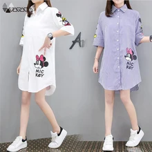 Minnie Mouse Women Blouses White Stripe Cartoon Midi Shirt Lapel Half Sleeve Blusas Mujer Chemise Femme Casual Loose Tops 2021