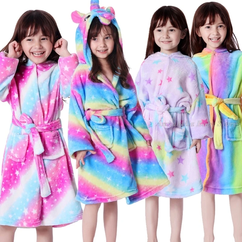 Girl Robes for Kids Winter Bathrobe Unicorn Pajamas Rainbow Pink Purple Sleepwear Girl's Dressing Gown Flannel Hooded Towel Robe baby robe and slippers