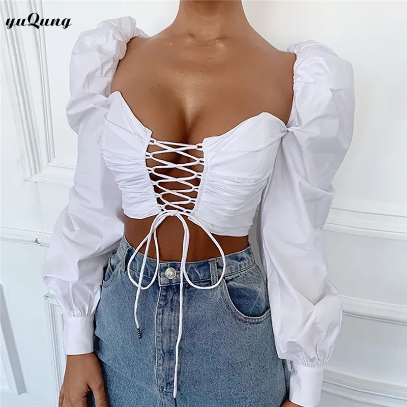 

yuqung white Puff Sleeve Blouses and Crop Top autumn Vintage Women lace up Square Collar Tops Shirt blusas mujer de moda 2019