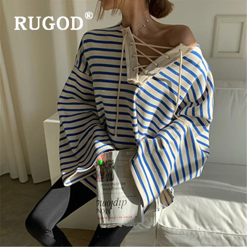 RUGOD, новая осенняя Корейская свободная полосатая Толстовка на шнуровке, одежда для женщин с v-образным вырезом синего размера плюс, Повседневная модная Женская толстовка