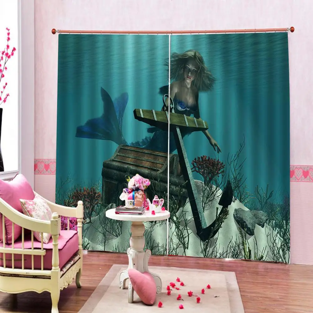 Custom 3D Mermaid Curtain A in the Ocean Sea Discovering Pirate's Treasure Chest Mythical Art Print Bedroom Drapes Decor | Дом и сад