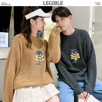 

LEGIBLE 2019 New Autumn Hip Hop Embroidery Sweater Men Casual Loose Mens Sweaters O-Neck Knitting Pullovers Men Couple Clothes