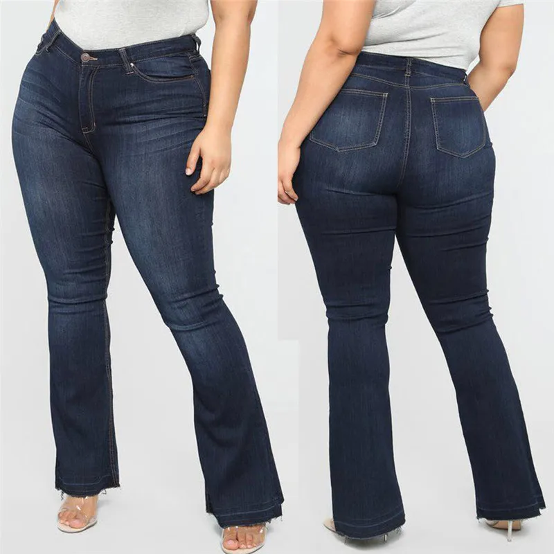 Fashion Mom Jeans Womens Solid Color Plus Size Pocket Button Zipper Jeans Denim Female Mid Waist Sexy Flares Pants For Women E15