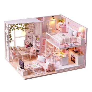 

DIY Miniature Loft Dollhouse Mini 3D Pink Wooden House Dollhouse Miniatures Toy with Furniture LED Light Christmas Birthday Gift