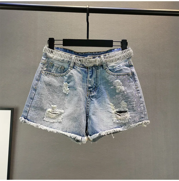 

Cakucool New Summer Denim Shorts Diamond Beading Tassels Shiny Chic Shorts Empire Ripped Holes Slim Shorts Female Plus size