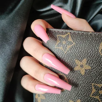 

24pcs/box fake long fingernail Super long peach pink coffin ffalse nails with adhesive for girls acrylic nail products