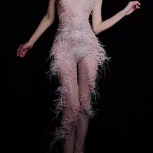 Женские разноцветные стразы, перья, сетка, прозрачный комбинезон, наряд для дня рождения, певица, боди для танцовщицы, леггинсы, наряд