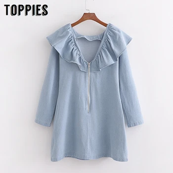 

vintage denim dress women long sleeve ruffles mini dress summer sexy zipper v-neck vestidos mujer