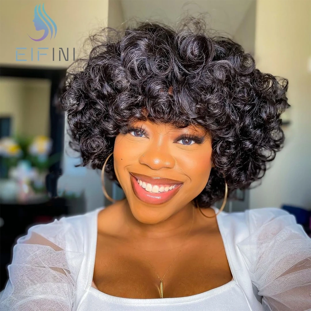 Short Loose Wave Wigs Brazilian Curly Human Hair Wigs For Black Women Remy  Bob Wig With Bang Full Machine Made Wig Natural Color - Full Machine Wigs -  AliExpress