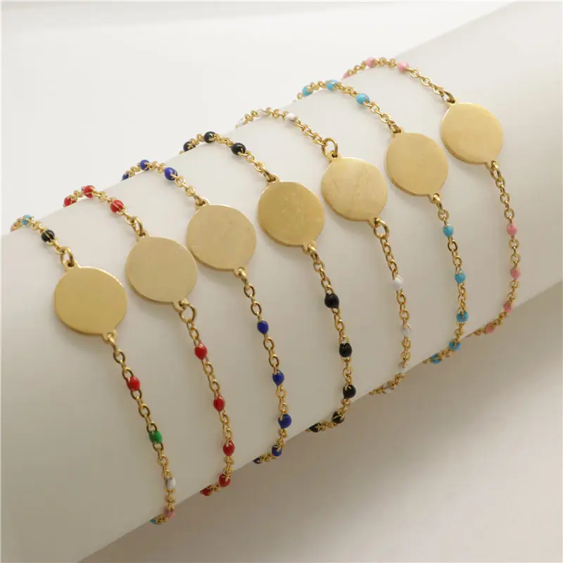 

1 PC 2019 New Stainless Steel Bracelets Link Cable Chain Round Gold Enamel Bracelet For Fashion Women Jewelry Gifts 18cm Long