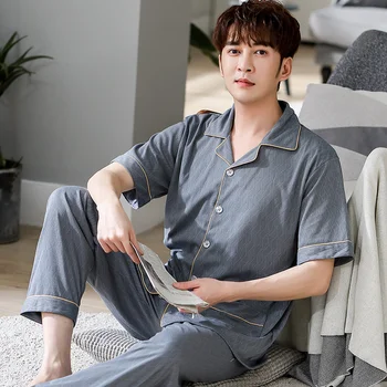 

Summer Pajamas For Men Sleepwear Short Sleeve Turn-down Collar Plus Size Mens Pyjamas Short Tops+Long Pants 2Pcs Set Pijamas