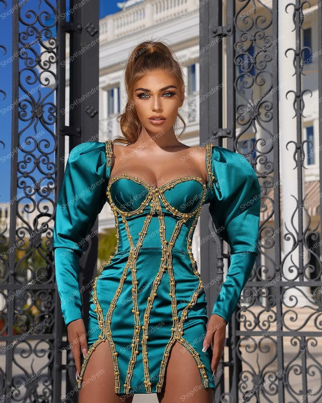 Chic Lake Blue Satin Beading Mini Cocktail Dress With Long Sleeves Sweetheart Edge Crystals Short Party Gowns Pageant Gown Evening Dresses,Cocktail Dress,Women Mini Dresses