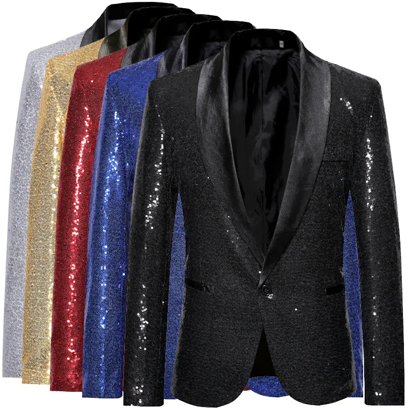 

Men Blazer Jacket Shiny Gold Sequin Glitter Suit Blazer New Shawl Collar Mens Blazer Jacket DJ Stage Clothers For Singers SL1628