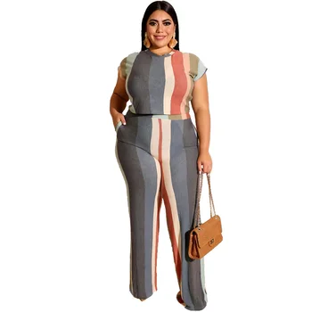

4XL 5XL Plus Size 2 Piece Set Summer Casual Women Sets O-Neck Short Sleeve T-Shirt And Long Pants Striped Two Piece Big Size 3XL