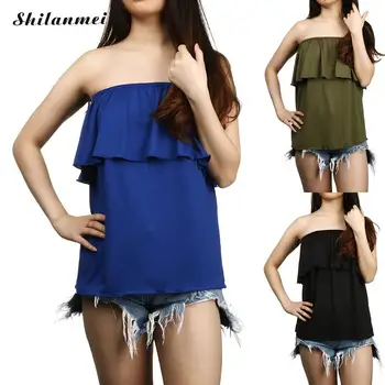 

Beach Boho Women Casual Tube Top Solid Off Shoulder Crop Top Ruffles Tube Shirt Army Green Blue Black Scallop Club Party Wear