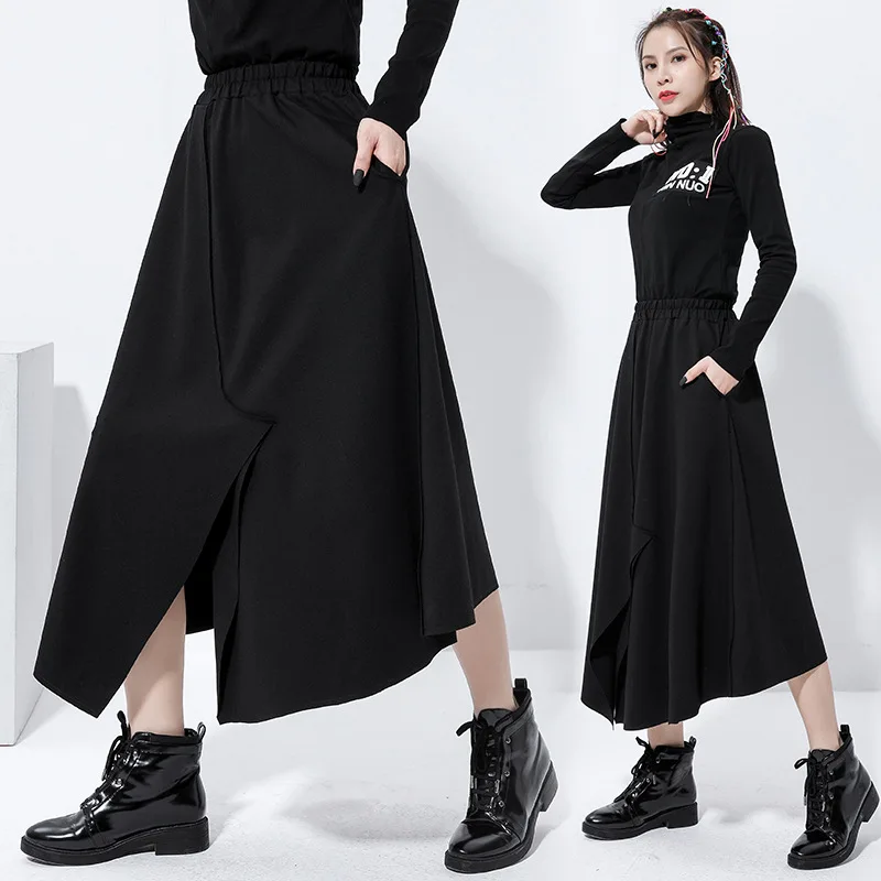 

Europe And America Irregular Slit Skirt Elastic Waist Dark of Simple Popular Brand WOMEN'S Dress Long BF Style A- line Skirt Fas