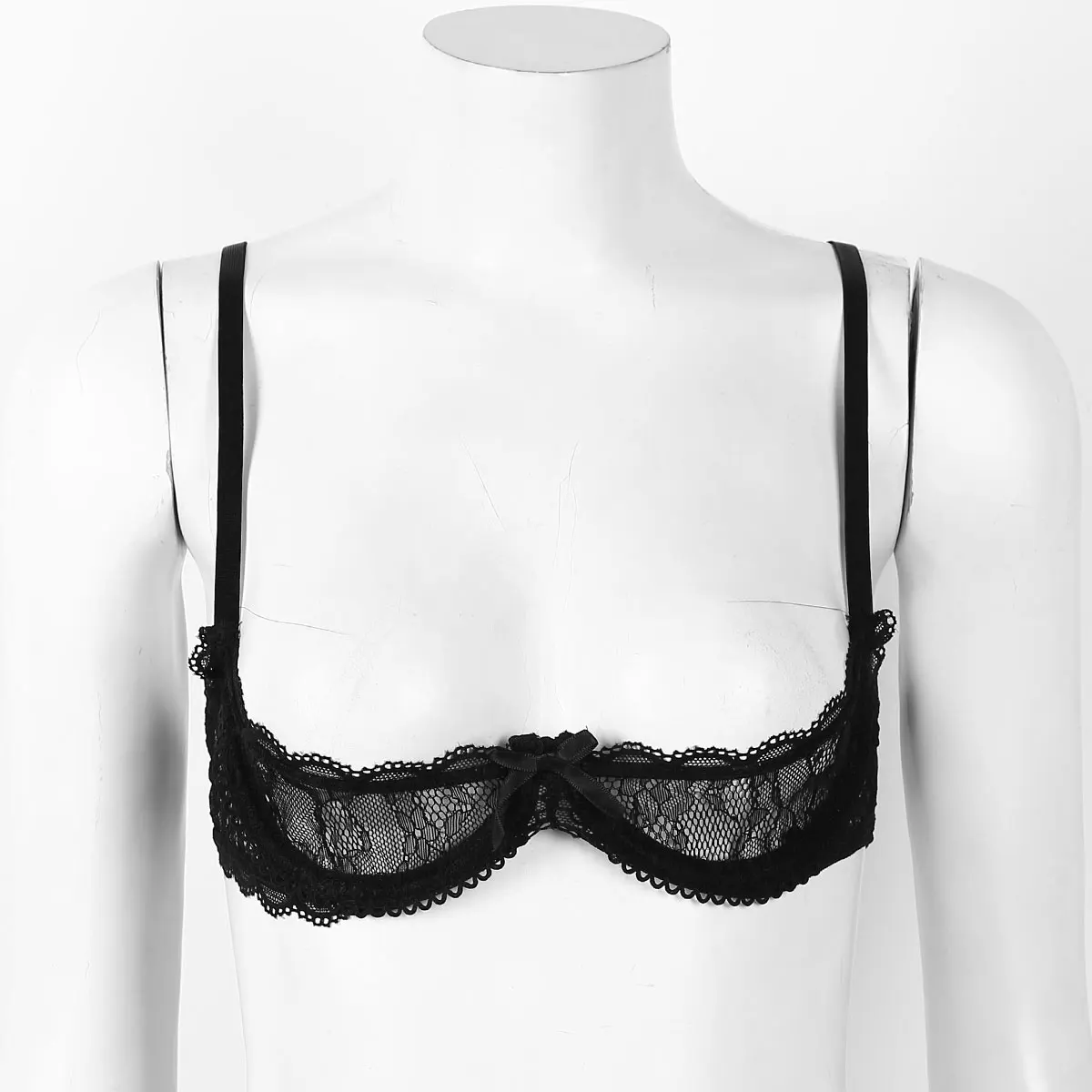 Women Bra Erotic Lingerie Half Cup Bra Tops See Through Sheer Lace Hollow Out Open Breast Exposed Push Up Underwire Brassiere