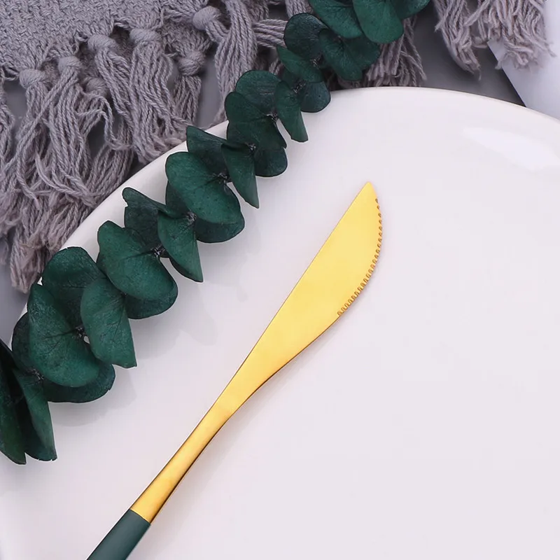 US $28.89 30pcs Green Gold Cutlery Set Mirror Colorful Flatware Set Stainless Steel Dinnerware Set Kitchen Silverware Gold Tableware 6sets