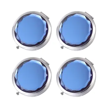 

4Pcs Round Double Sides Folding Make up Compact Mirrors Creative Metal Crystal Makeup Mirro Portable Mirror(Sapphire)