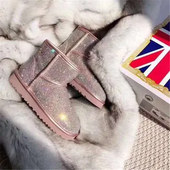 

Winter Shoes Women Snow Boots with Fur Glitter Leather Shoes Warm Bling Women Australia Boots Women Slip on Ankle Boots Women