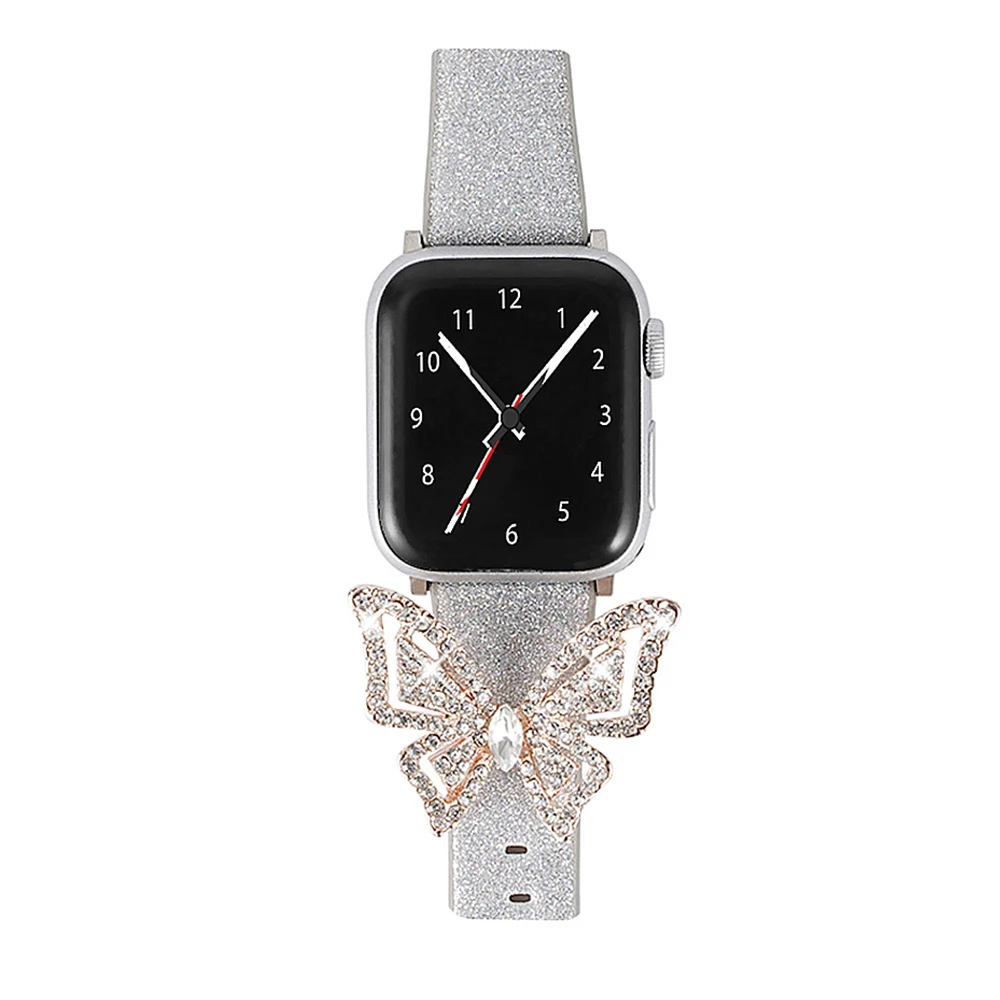 Ремешок для часов Apple Watch 5 4 3 2 1 ремешок 44 мм 40 мм 42 мм 38 мм женский кожаный ремешок с украшением в форме бабочки для iWatch