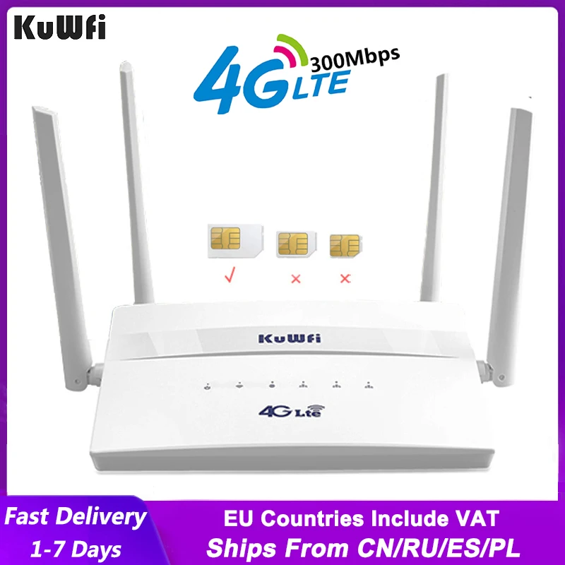 Kuwfi 4G Lte Router Wifi Router Wireless 300Mbps Con Slot Per Scheda Sim Quattro Antenne Esterne Ripetitore Wifi Supporto 32 Utenti Wifi