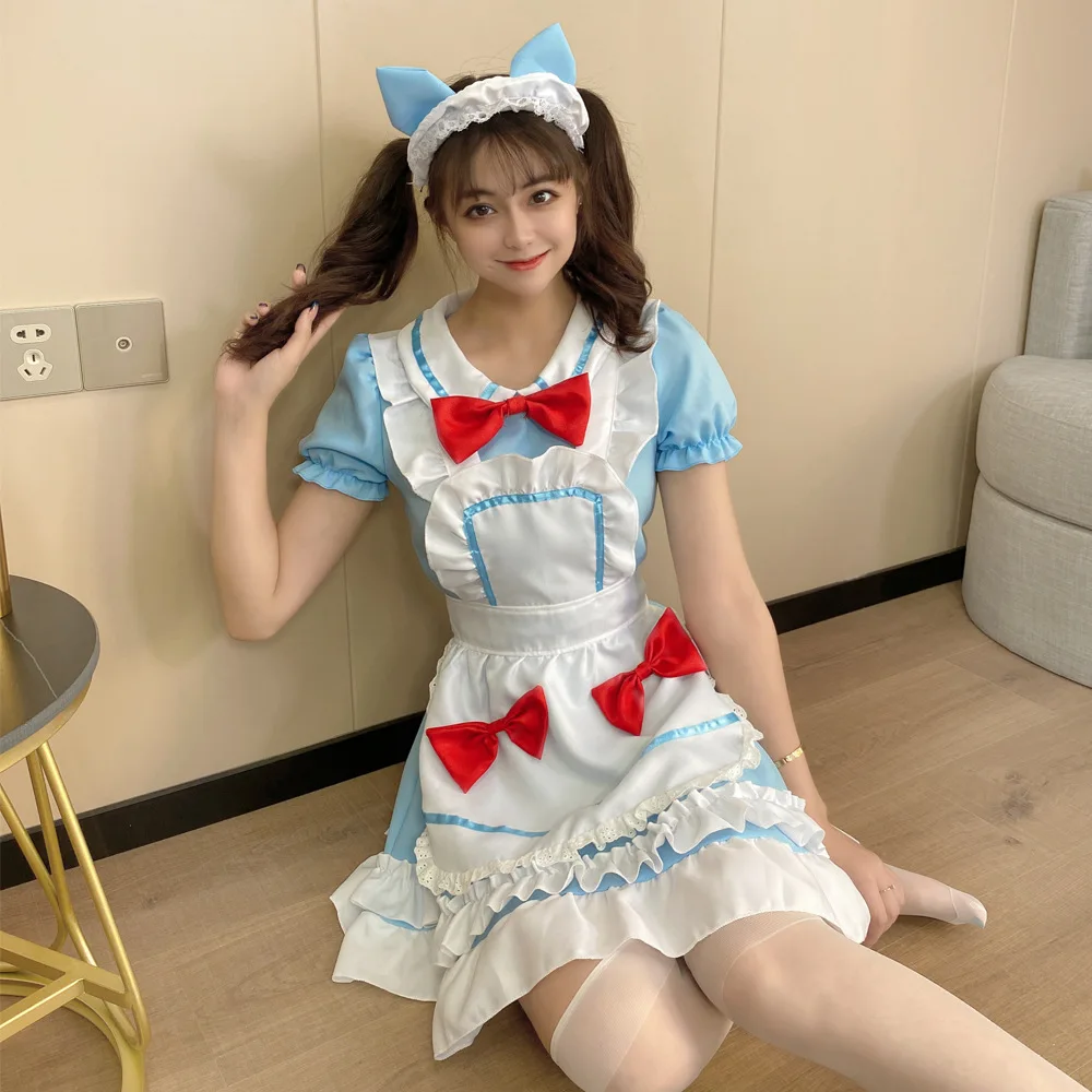 

Women Maid Outfit Anime Cute Cat Blue Lace Trim Apron Cat Paw Lolita Dresses Cosplay Costume Full Set Plus Size