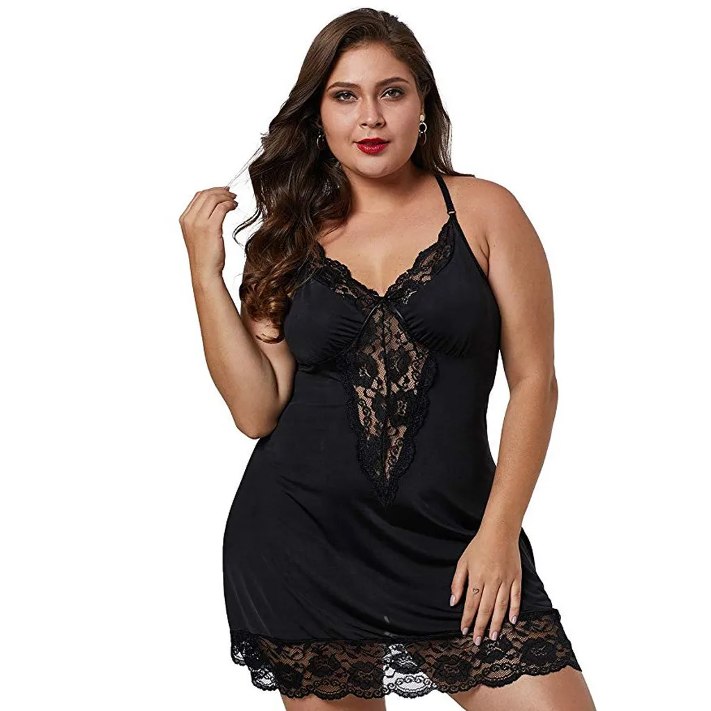 KANCOOLD Big Size Women Sleepwear Dress Plus Size Sexy Lingerie Robe Spaghetti Strap Lace Satin Large Chemises Nightgown XL-4XL