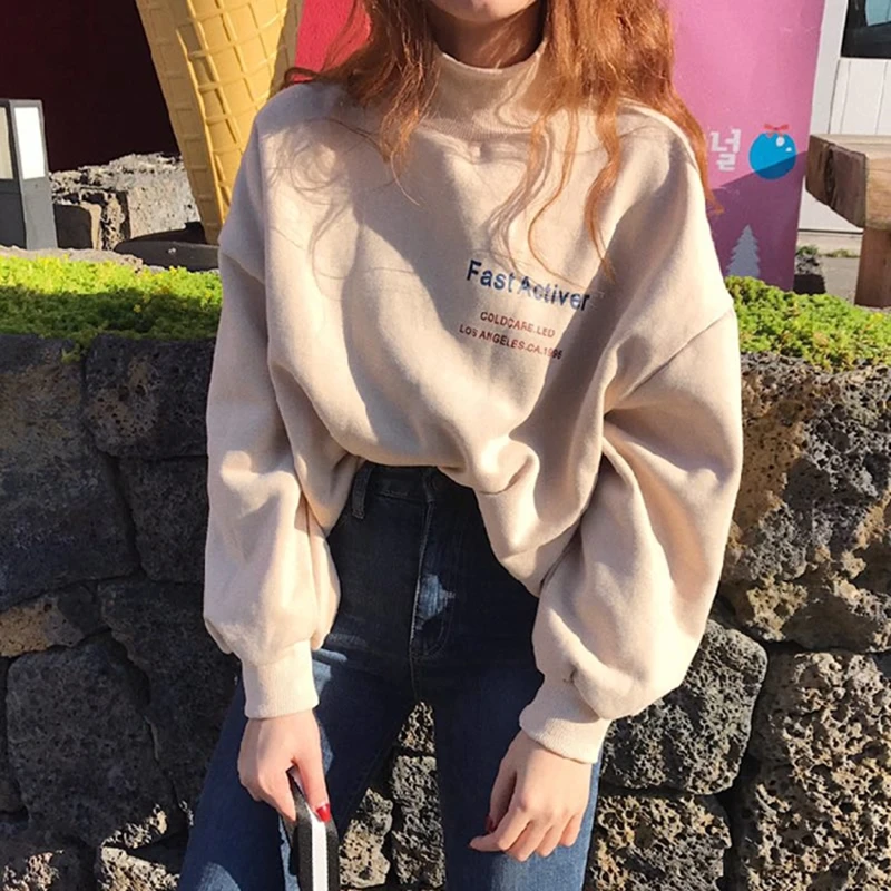 Толстовка Ulzzang Harajuku полувысокий воротник с капюшоном женская рубашка Осенняя женская рубашка Повседневный пуловер с длинными рукавами - Цвет: Бежевый