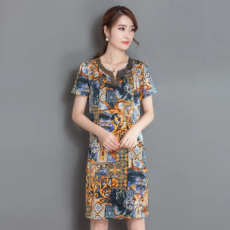 

High Quality Loose Newest Summer Dresses Vintage V-neck Printing Floral Plus Size 5XL 6XL Silk Dress Women Clothing FYY454