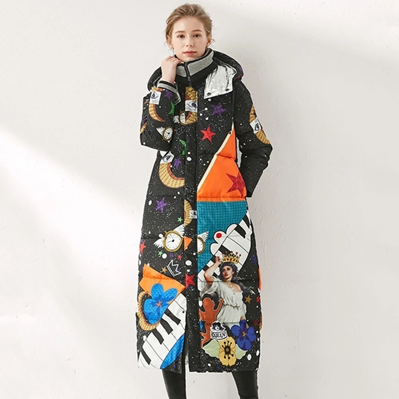 winter new print down jacket hooded thick warm star print long down jacket white duck down coat woman clothes ladies tops