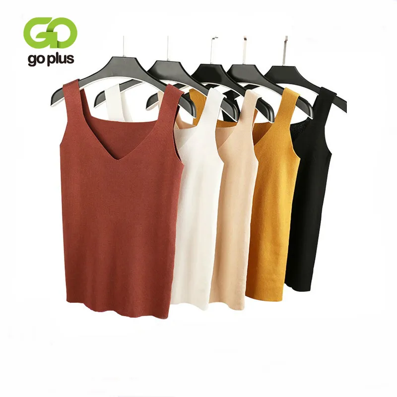 GOPLUS 2020 Sexy V Neck Knitted Crop Top Women's Shirt Plus size Tank Top Underwear Women Casual Streetwear Clothing For Women