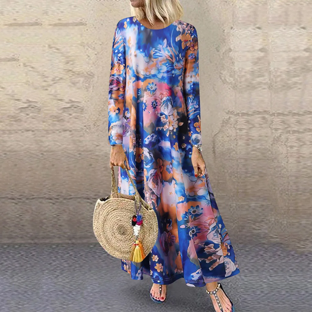 Maxi Dress Women Fashion Casual Floral Printing O-Neck Long Sleeve Loose Long Dress dresses woman party night Vintage Boho Dress Maxi Dress Women Fashion Casual Floral Printing O-Neck Long Sleeve Loose Long Dress dresses woman party night Vintage Boho Dress