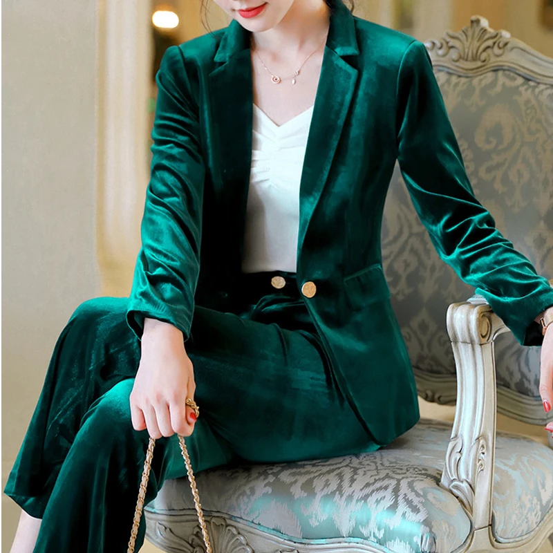 

Fashion pants suit women fall New Custom size casual Business gold velvet Women's Suits 2 Pieces Jacket+Pants