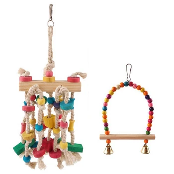 

4 Pcs Accessories: 2 Pcs Colorful Parrot Toys & 2 Pcs Round Wooden Platform Bird Chewing Toys Cage Accessories