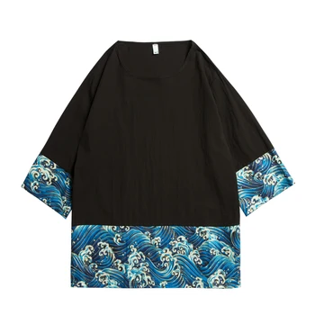 

Wave Print Men's Casual Short Sleeve Tang Suit tshirt Retro Chinese Loose T Shirt Trendy Style Homme Pullovers T Shirts