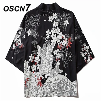 

OSCN7 Printed Kimono Cardigan Shirt Men 2020 Japanese Streetwear Three Quarter Sleeve Coat Shirts Harujuku Mens Shirt 6039