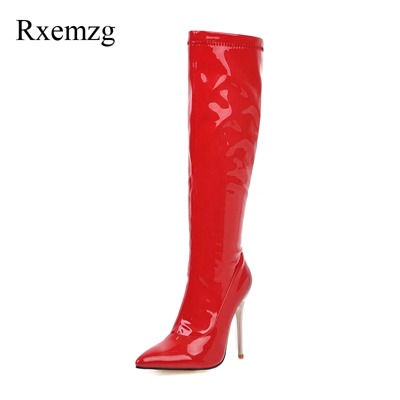 

Rxemzg patent leather high heels shoes zipper knee high boots women fashion pointed toe boots ladies long boots winter shoes 48
