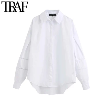 

TRAF Women Fashion Lace Patchwork Loose Blouses Vintage Lapel Collar Long Cuff Sleeve Female Shirts Blusas Chic Tops