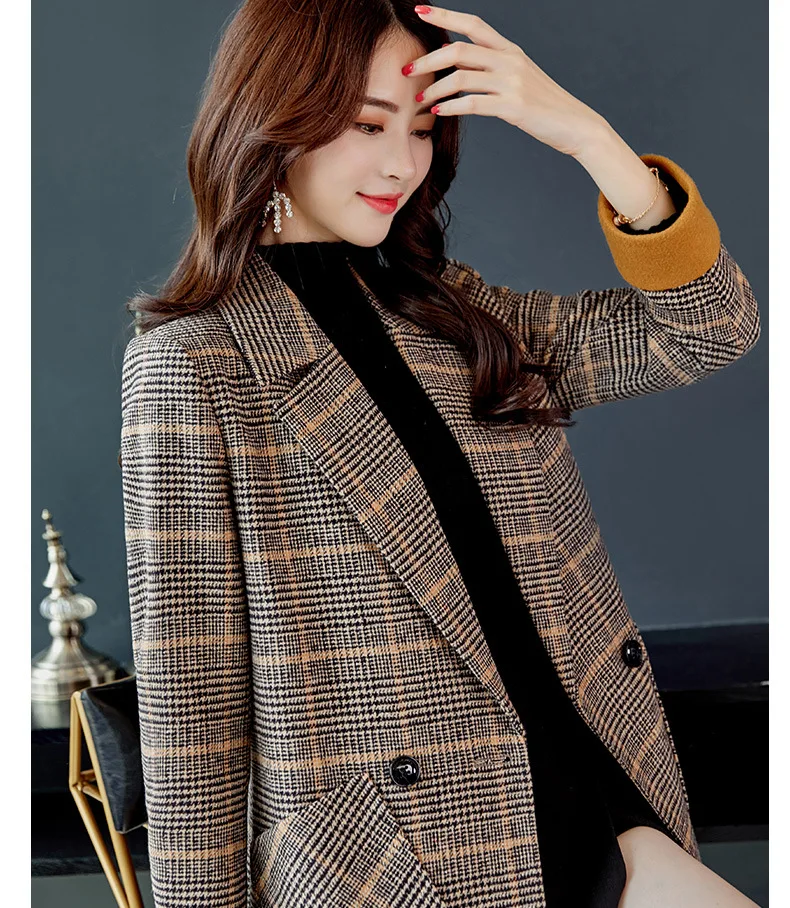 Зима Осень длинный клетчатый блейзер для женщин винтажные Модные женские блейзеры и куртки твидовое осеннее корейское пальто veste femme