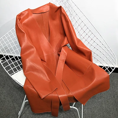 As Shown Yoloagne, Женская куртка из натуральной кожи, Женский Длинный плащ из натуральной кожи с v-образным вырезом - Цвет: As Shown