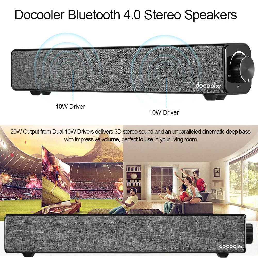 Docooler Bluetooth 4,0 динамик s звуковая панель беспроводной домашний кинотеатр сабвуфер 4400 мАч 20 Вт Выход глубокий бас динамик для компьютера ТВ