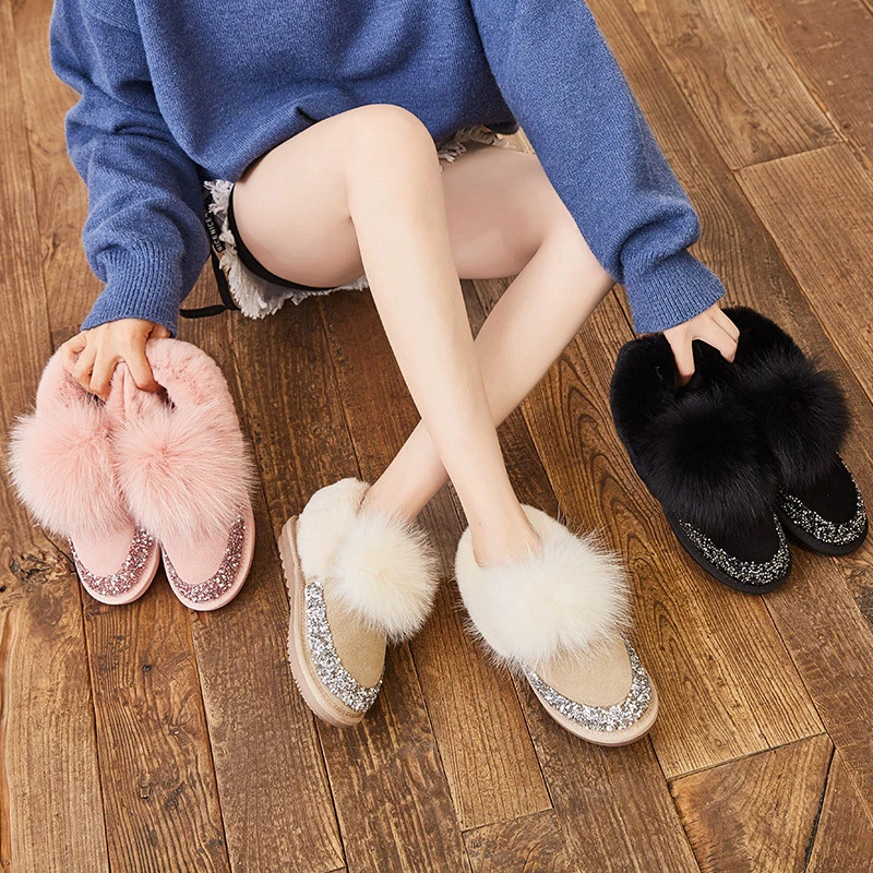 

Leather Snow Boots For Woman Flat Winter Shoes Fashion Sequins Warm Ankle Boot Female Snow Boot Rubber Sole Women Winter Boots